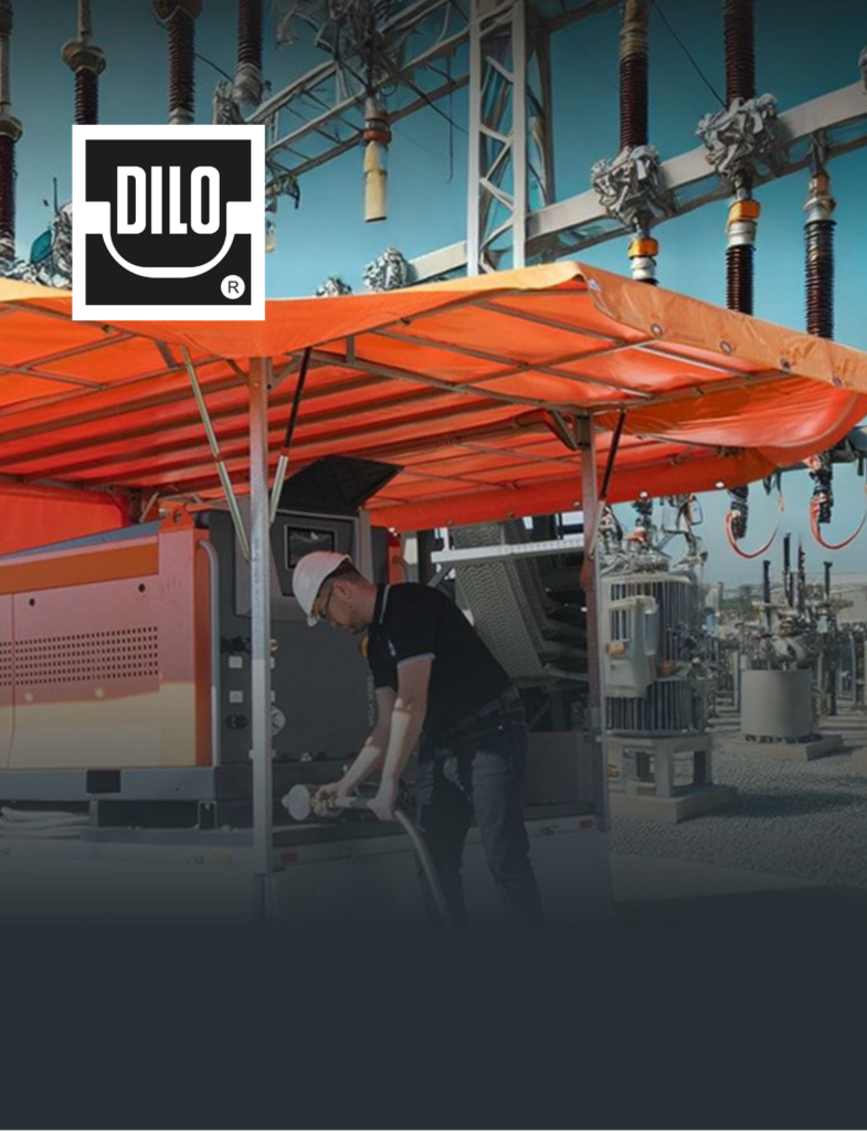 DILO service technician carrying out maintenance work on a mobile service unit in a high-voltage substation. The photo shows the practical use of technical solutions in the energy infrastructure.