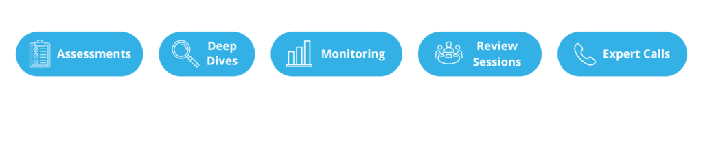 Fünf Formate des Supply Chain Champion Programms für eine ganzheitliche Supply Chain Transformation: Assessments, Deep Dives, Monitoring, Review Sessions und Expert Calls.